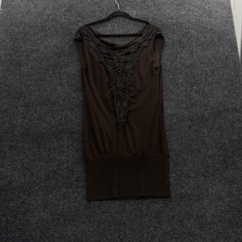 Brown Cowl Neck Tunic Dress with Floral Lace Applique Sleeveless Banded Hem
